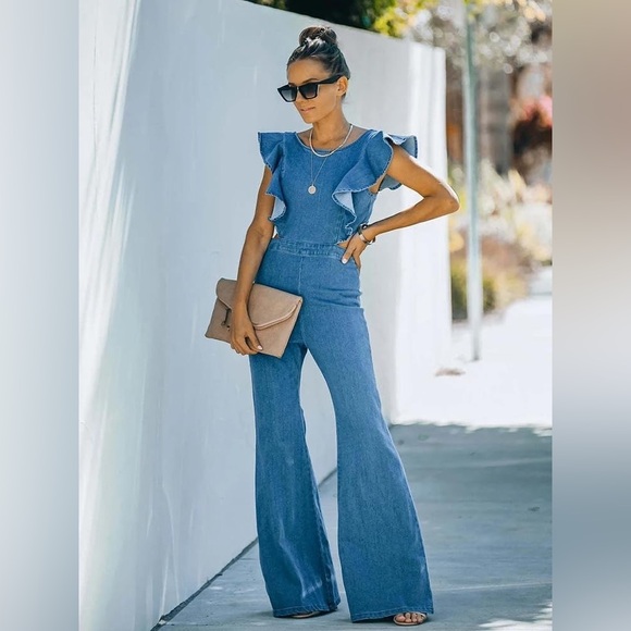 Ruffled Jumpsuit Wide Leg Washed Black Denim Size Small - Picture 7 of 7